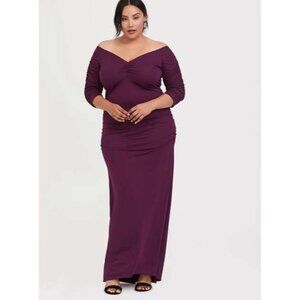 Torrid Cranberry Jersey Gown Ruched Off Shoulder Maxi Dress Plus Size 3 Evening